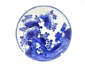 古伊万里　染付　岩に牡丹　七寸皿